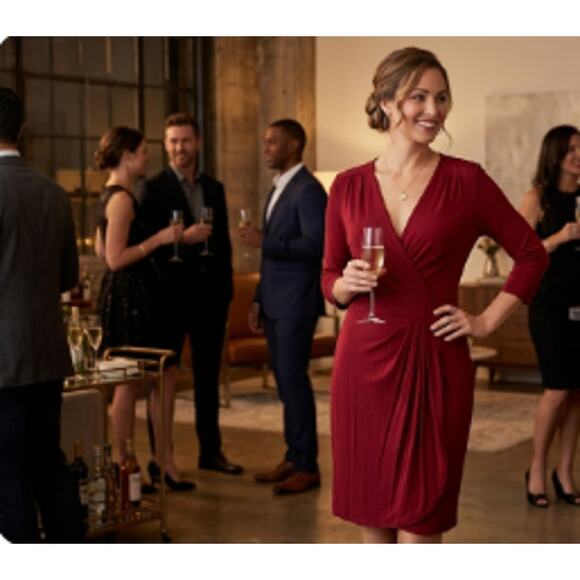 Trina Trina Turk Dresses & Skirts - Trina Turk Dark Red V Neck Wrap Pleated Ruched Sheath Dress 3/4 Sleeve Size 4